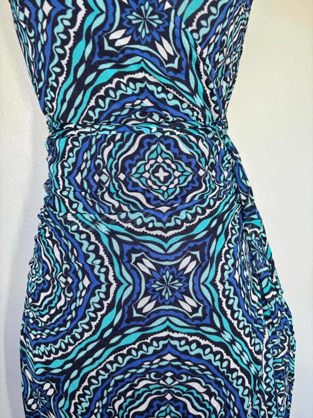 New York & Company Navy Blue and Teal Patterned Wrap Dress like New - Picture 10 of 16